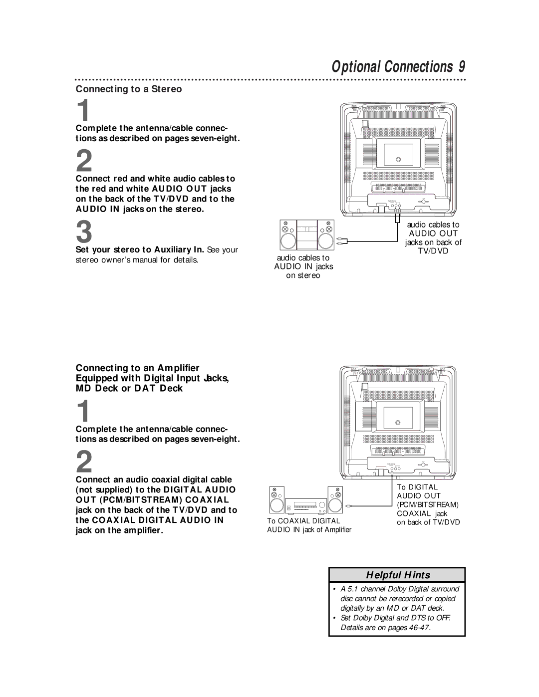 Philips TV/DVD owner manual Optional Connections, Audio cables to Audio in jacks on stereo, Jacks on back 