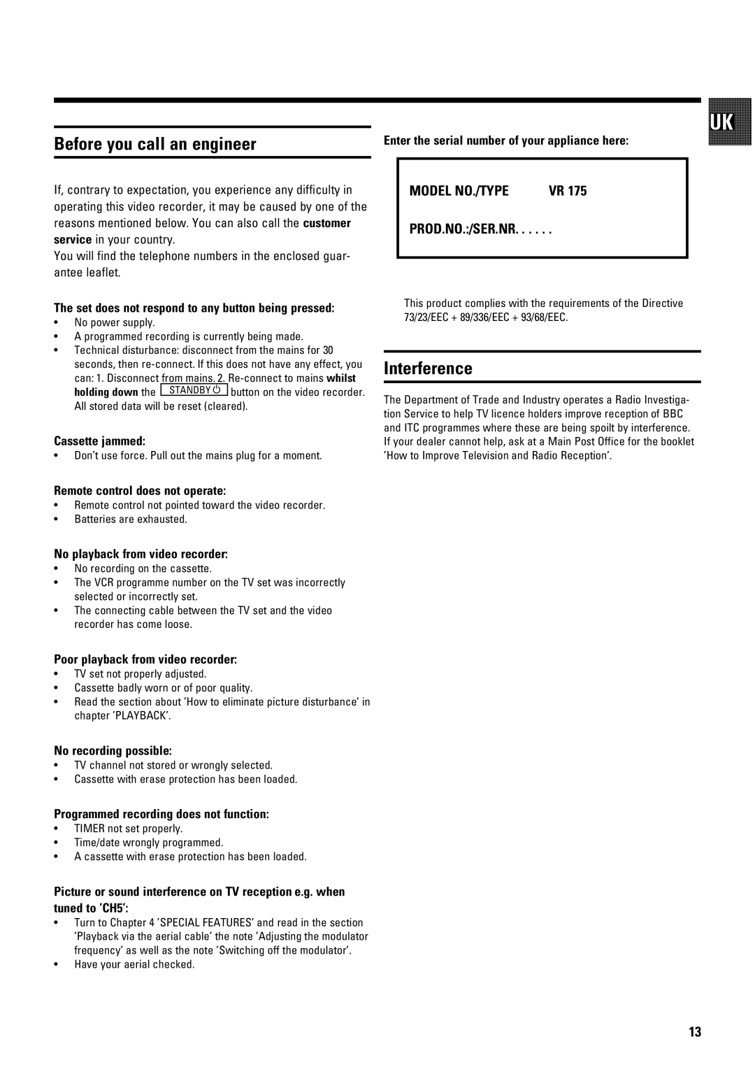 Philips TYPE VR 175 operating instructions DfTUc ef67kpgU 