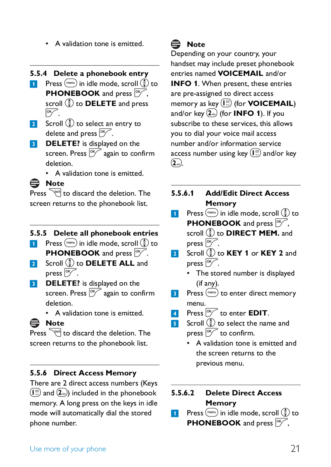 Philips SE255, UCZZ01930AB manual 6.1 Add/Edit Direct Access Memory, Delete Direct Access Memory 