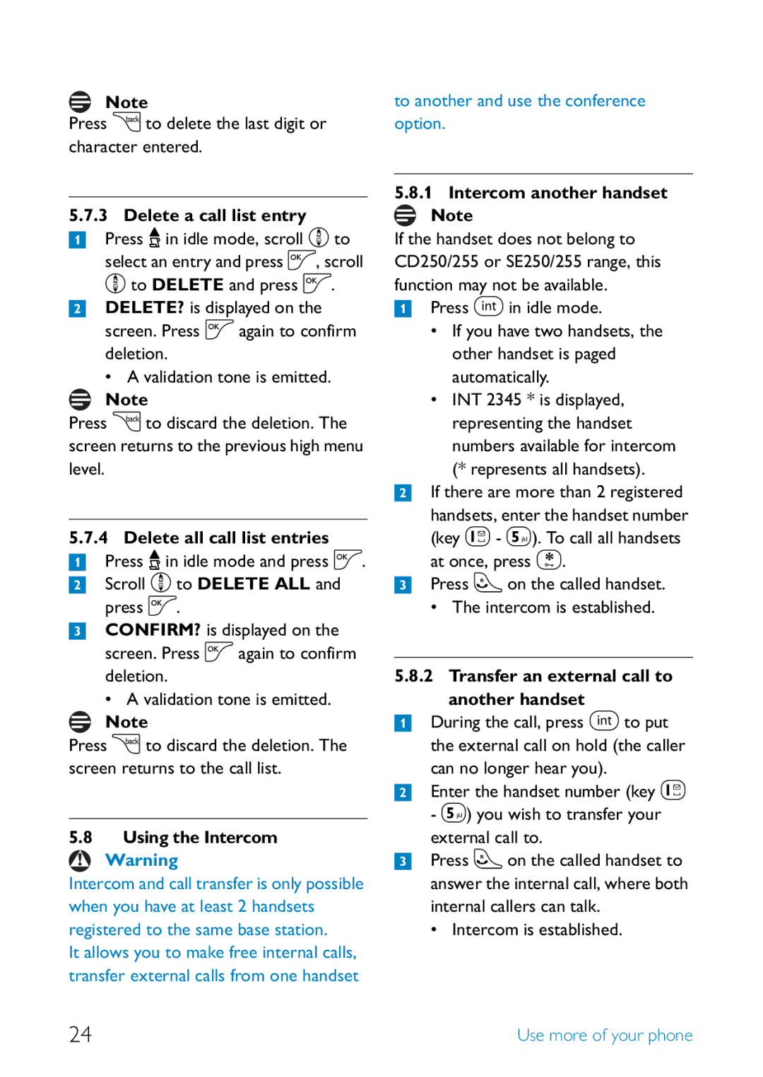 Philips UCZZ01930AB, SE255 manual Delete a call list entry, Delete all call list entries, Using the Intercom 