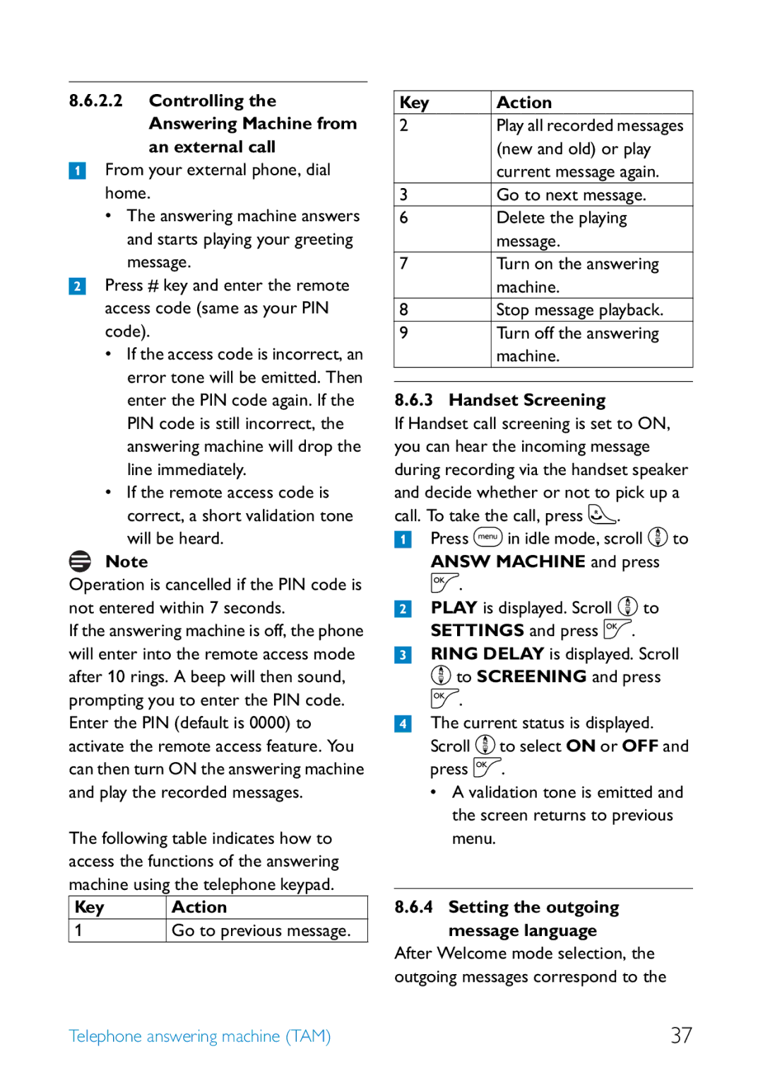 Philips SE255, UCZZ01930AB manual Controlling the Answering Machine from an external call, Key Action, Handset Screening 