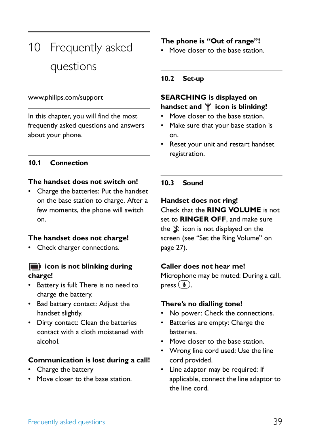 Philips SE255 Connection Handset does not switch on, Handset does not charge, Icon is not blinking during charge, Set-up 