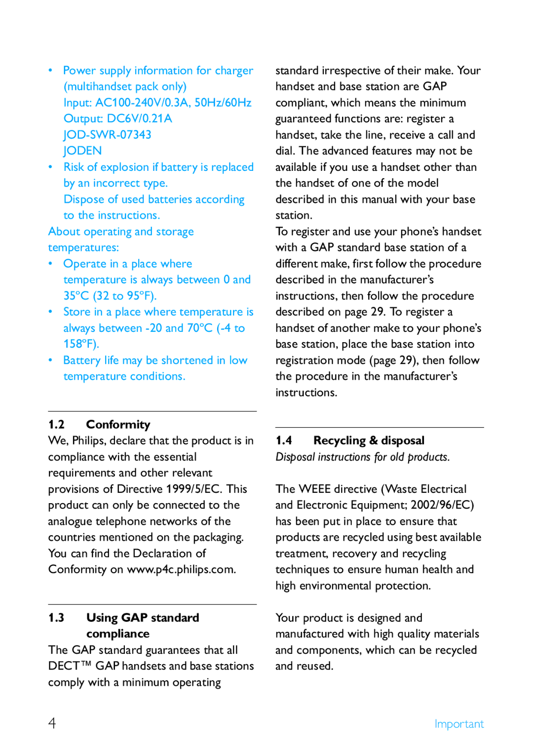 Philips UCZZ01930AB, SE255 manual Conformity, Using GAP standard compliance 