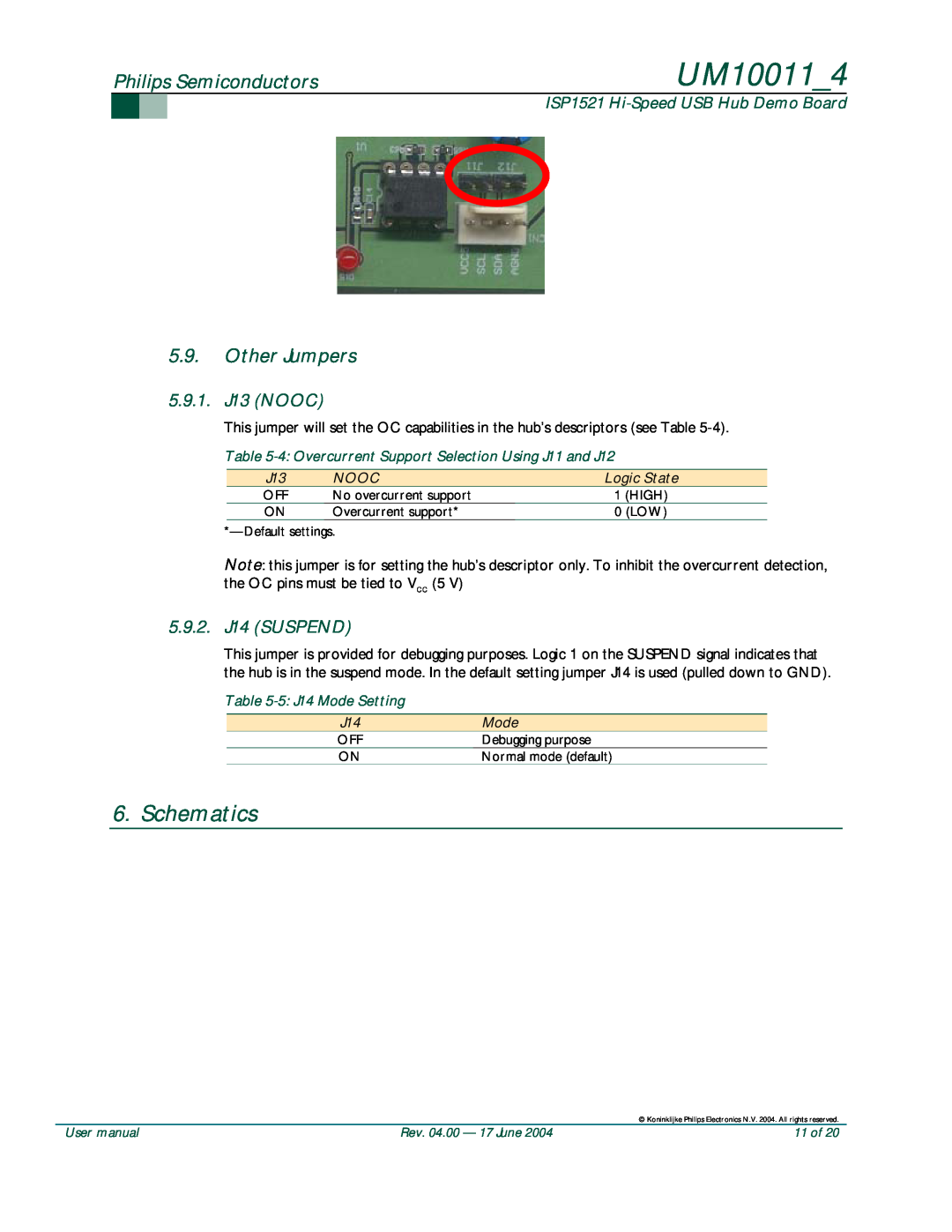 Philips UM10011 user manual Schematics, Other Jumpers, 5.9.1.J13 NOOC, 5.9.2.J14 SUSPEND, Philips Semiconductors 