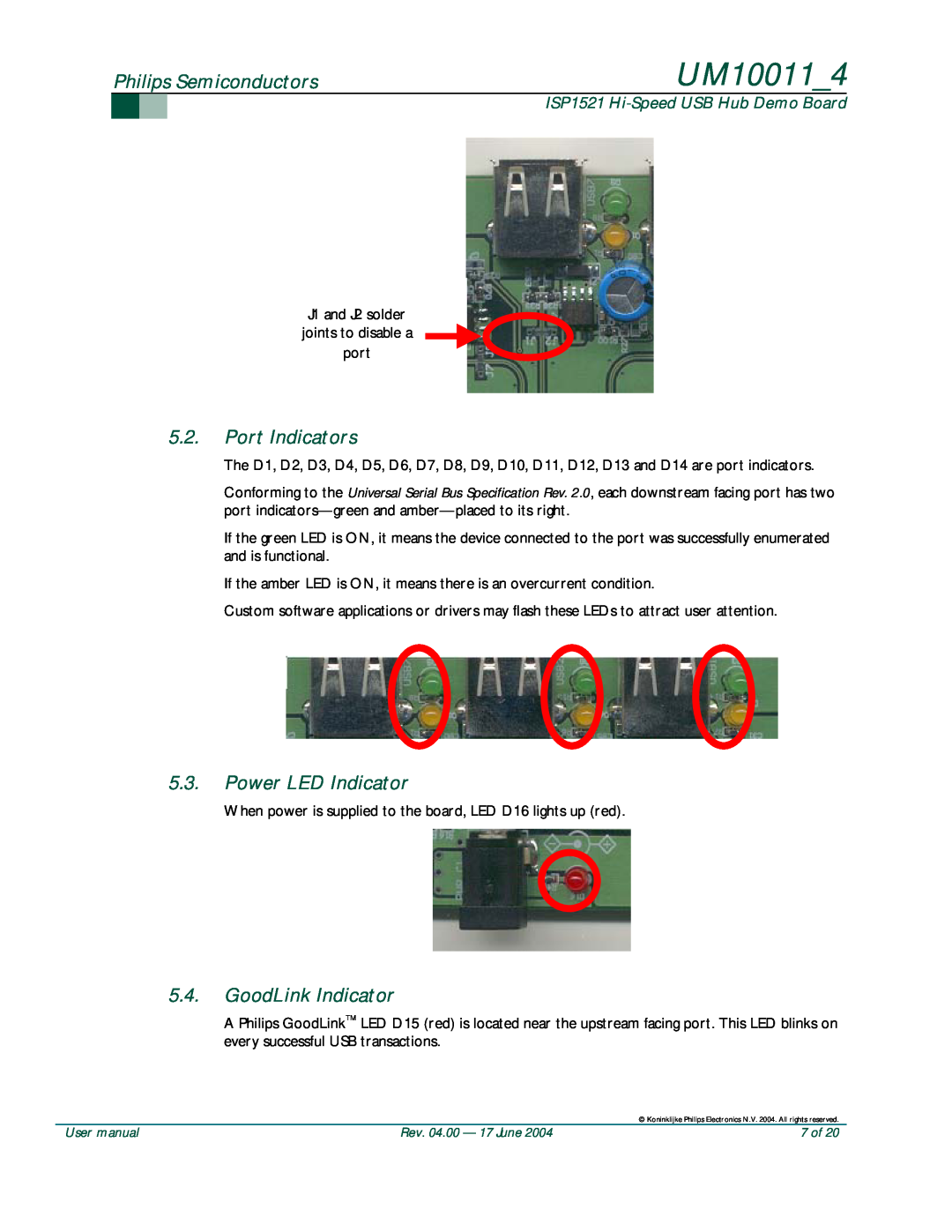 Philips UM10011 user manual Port Indicators, Power LED Indicator, GoodLink Indicator, Philips Semiconductors 