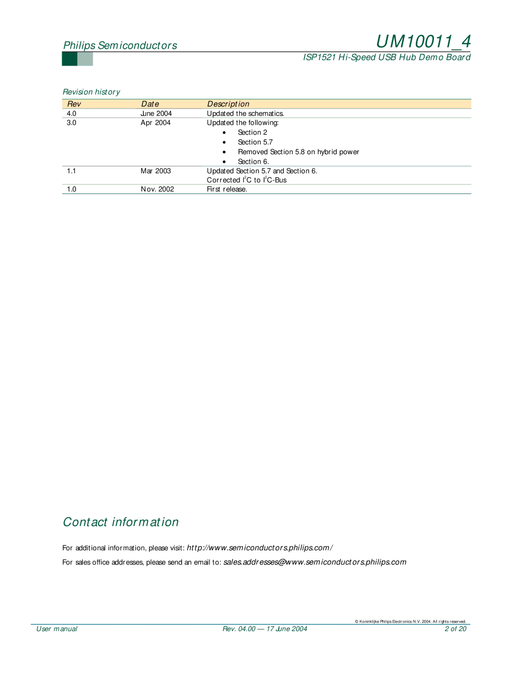 Philips UM10011 user manual Contact information, Philips Semiconductors 