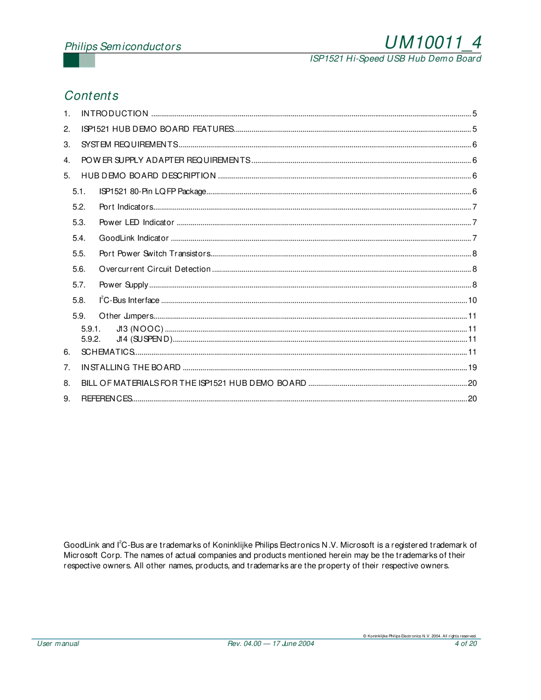 Philips UM10011 user manual Contents 