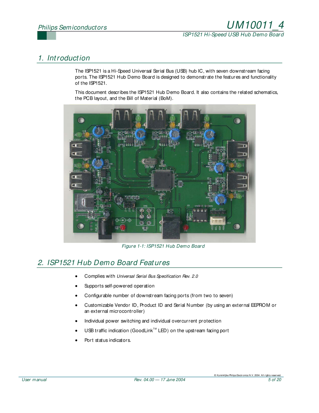 Philips UM10011 user manual Introduction, ISP1521 Hub Demo Board Features 