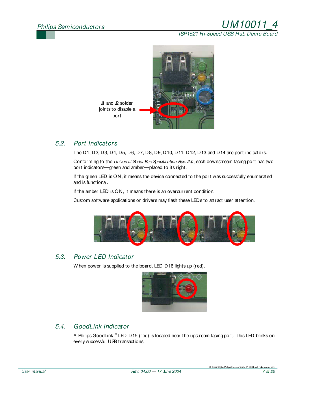 Philips UM10011 user manual Port Indicators, Power LED Indicator, GoodLink Indicator 