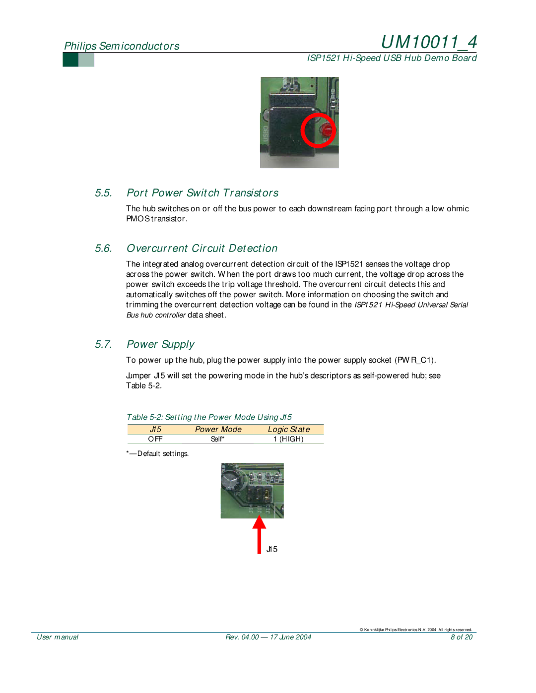 Philips UM10011 user manual Port Power Switch Transistors, Overcurrent Circuit Detection, Power Supply 