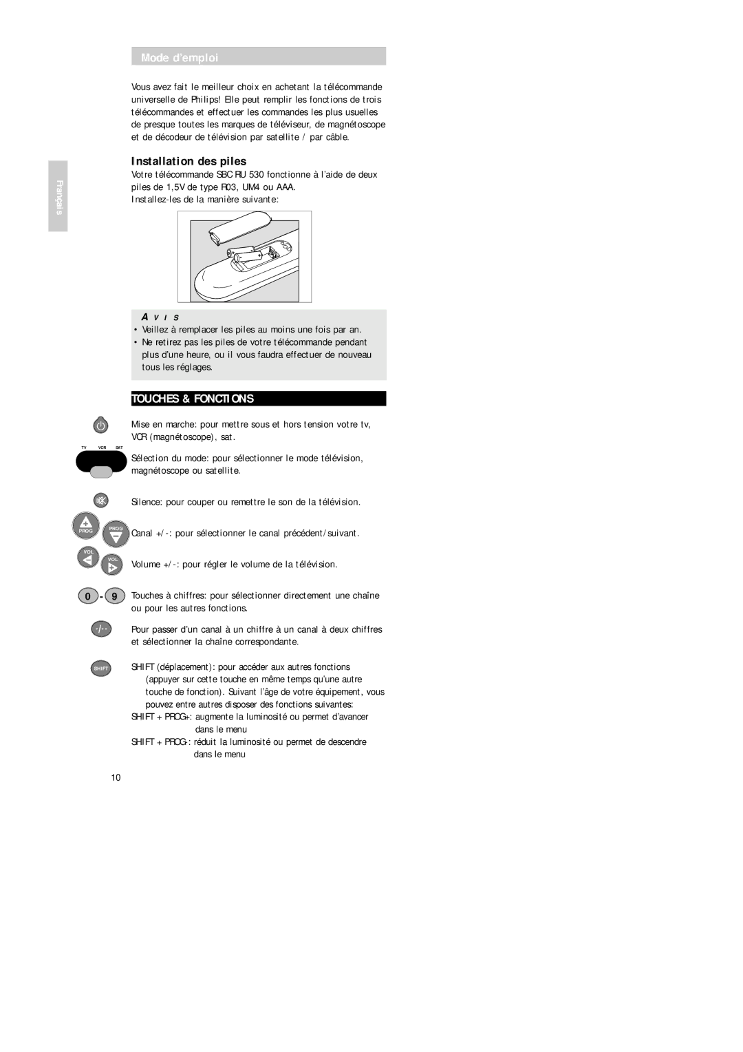 Philips Universal 3 manual Mode d’emploi, Installation des piles, Touches & Fonctions 