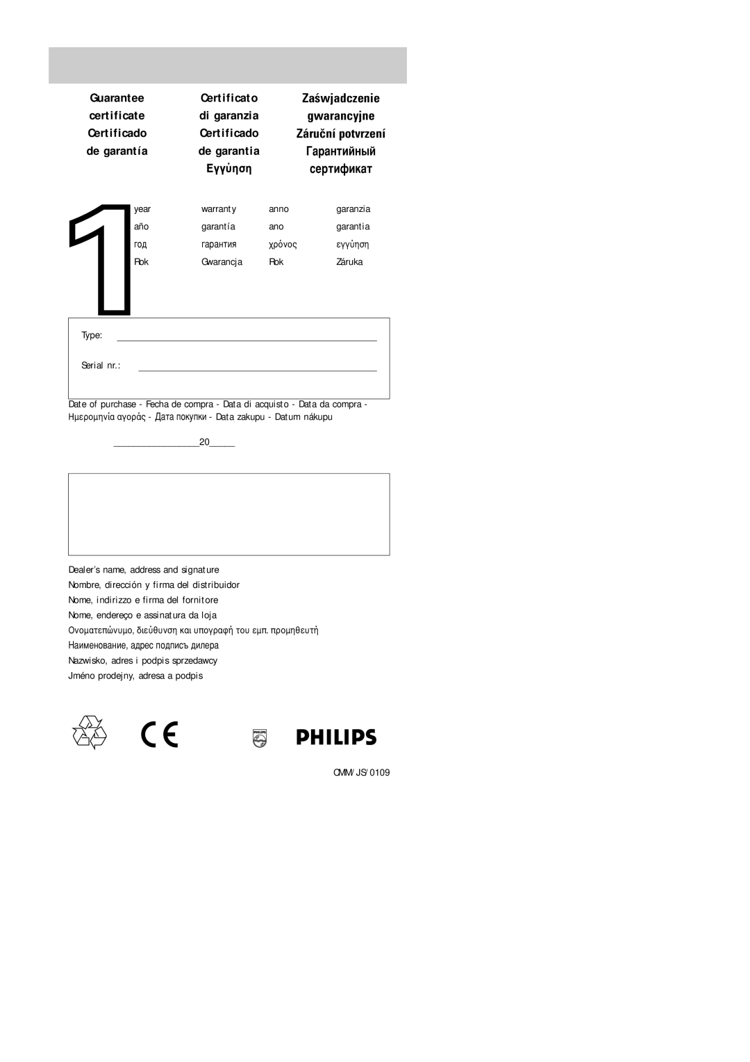 Philips Universal 3 manual Certificato, Di garanzia, Certificado, De garantia, Εγγύηση 