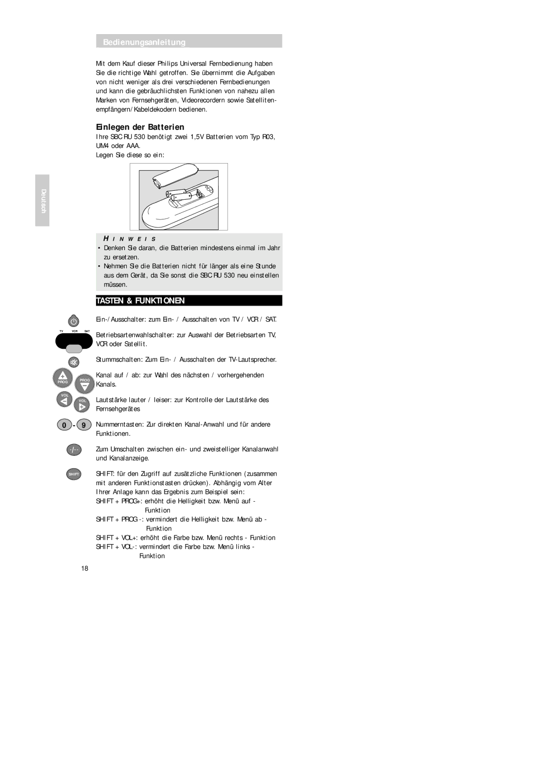 Philips Universal 3 manual Bedienungsanleitung, Einlegen der Batterien, Tasten & Funktionen 