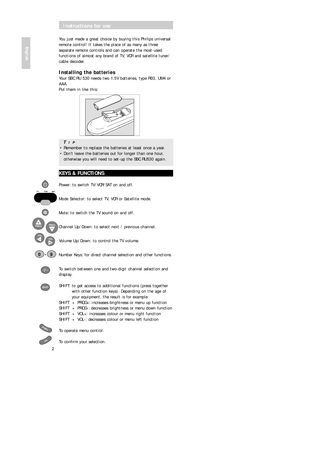 Philips Universal 3 manual Instructions for use, Installing the batteries, Keys & Functions 