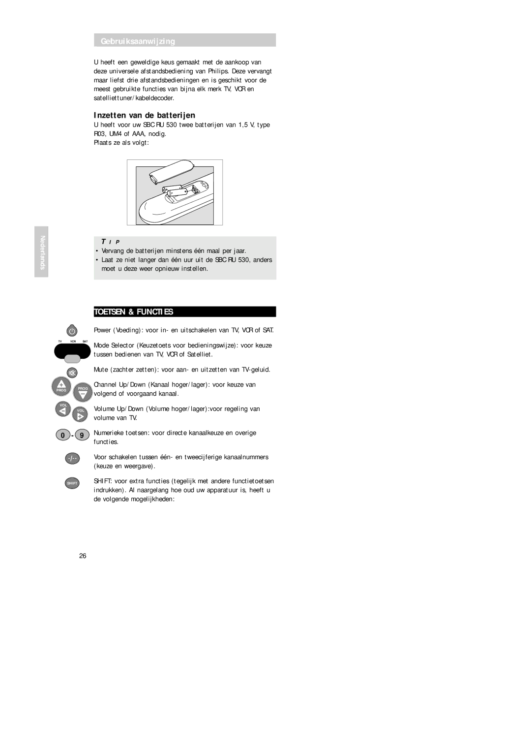 Philips Universal 3 manual Gebruiksaanwijzing, Inzetten van de batterijen, Toetsen & Functies, Keuze en weergave 