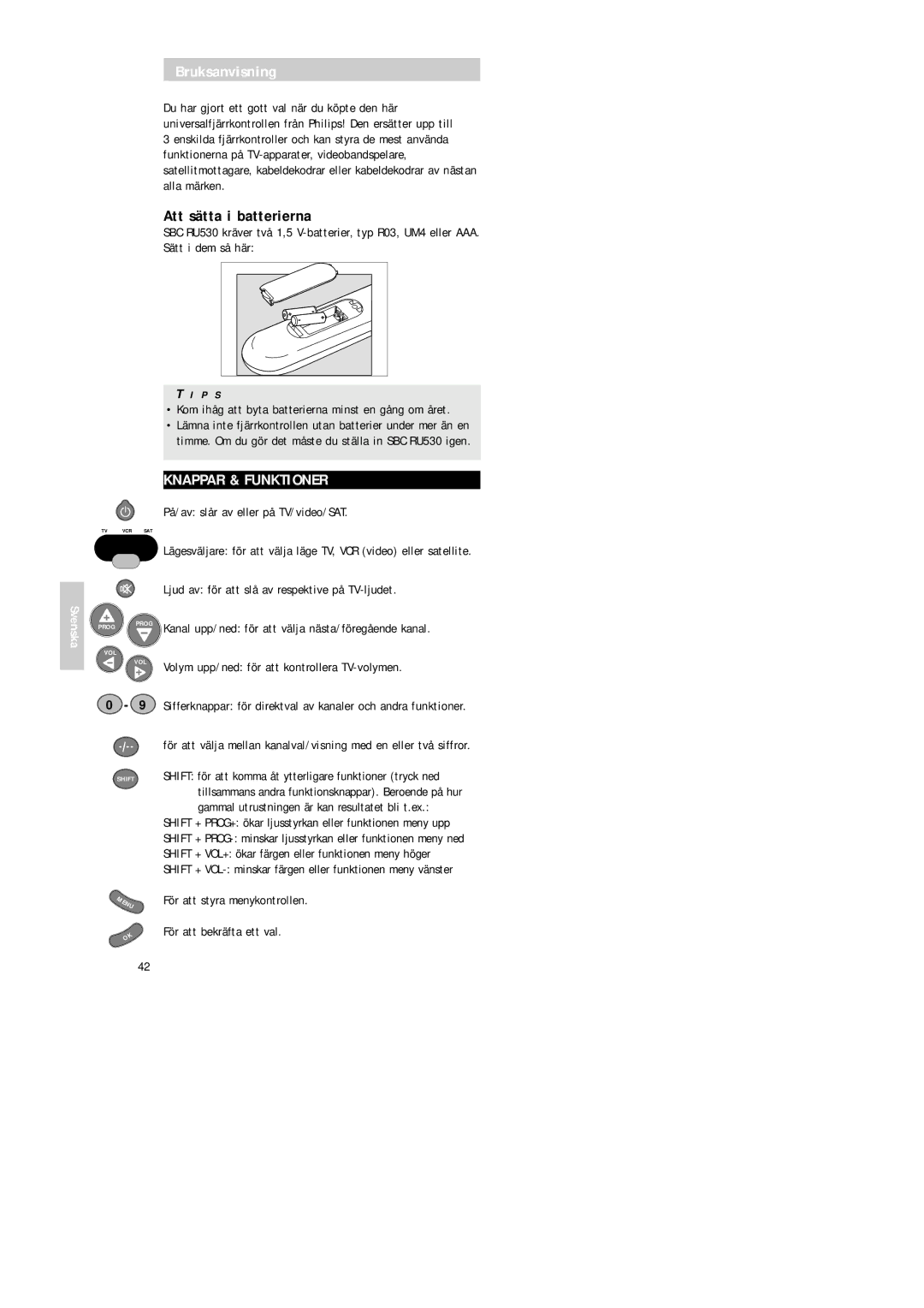 Philips Universal 3 manual Bruksanvisning, Att sätta i batterierna, Knappar & Funktioner 