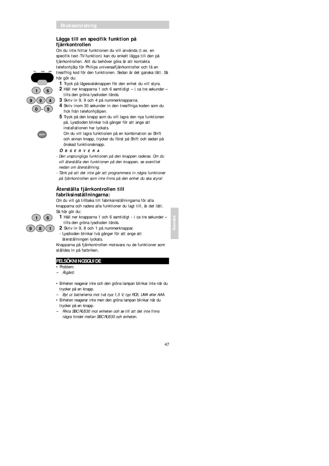 Philips Universal 3 manual Lägga till en specifik funktion på fjärrkontrollen, Felsökningsguide, Åtgärd 