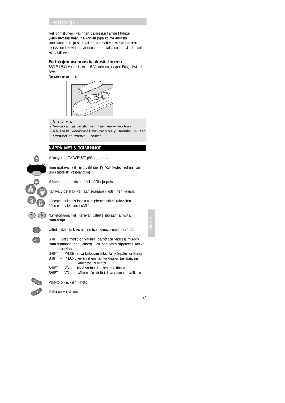 Philips Universal 3 manual Käyttöohje, Paristojen asennus kaukosäätimeen, Näppäimet & Toiminnot, Toimintoja 