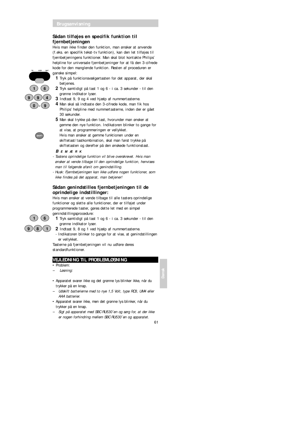 Philips Universal 3 manual Sådan tilføjes en specifik funktion til fjernbetjeningen, Vejledning TIL Problemløsning, Løsning 