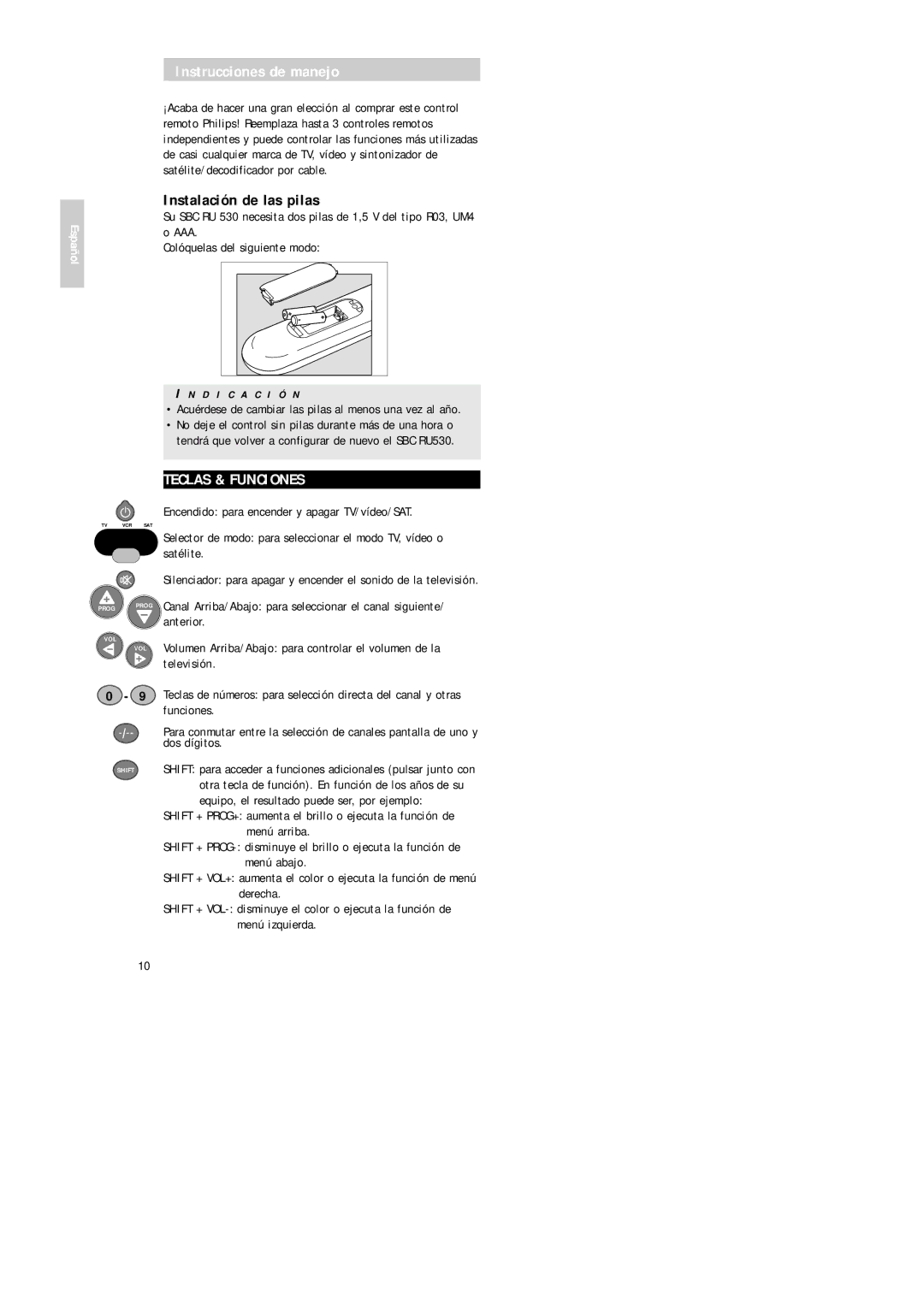 Philips Universal 3 manual Instrucciones de manejo, Instalación de las pilas, Teclas & Funciones 