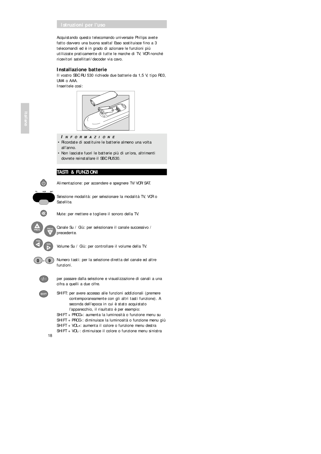 Philips Universal 3 manual Istruzioni per l’uso, Installazione batterie, Tasti & Funzioni 
