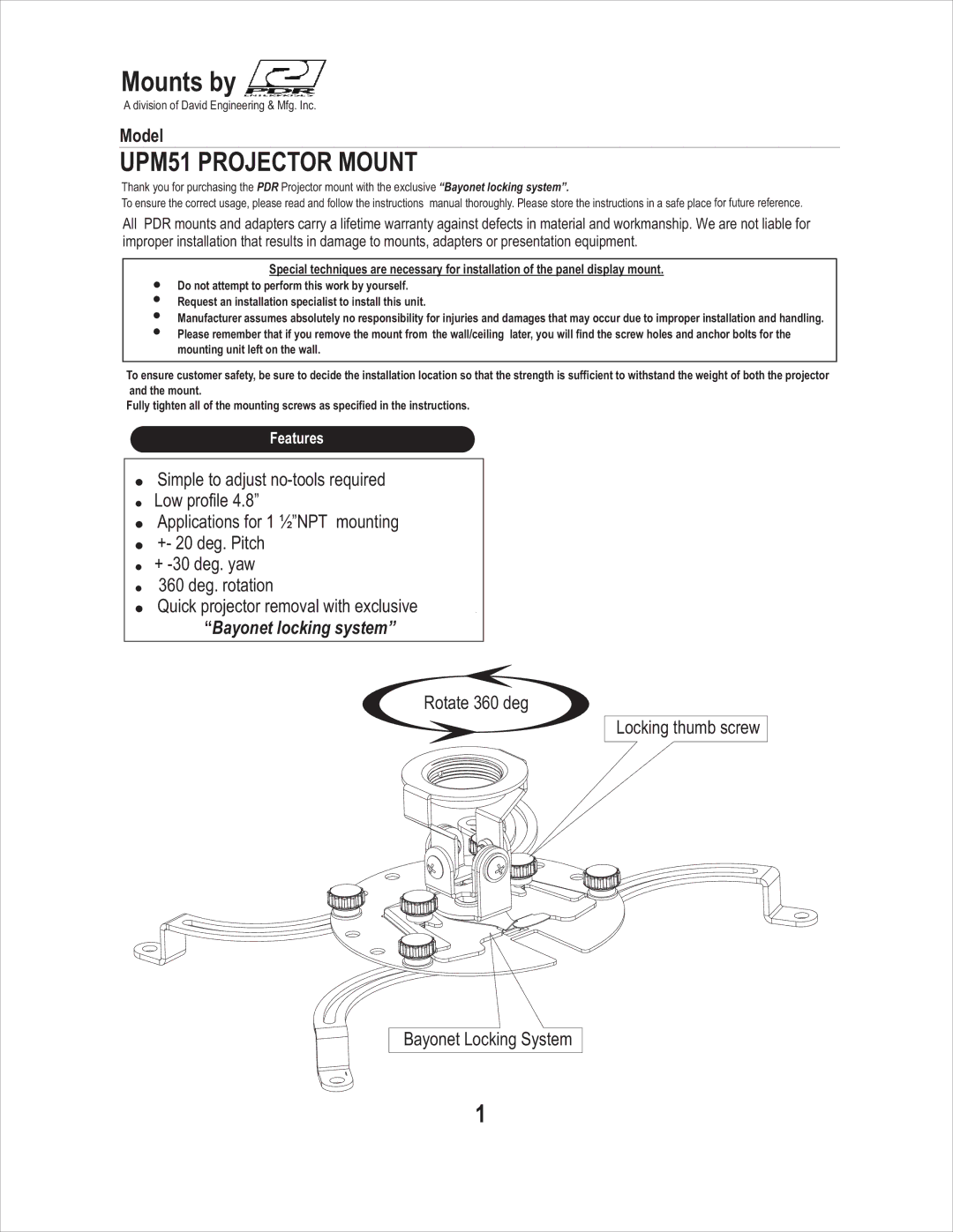 Philips UPM51 warranty Model, Rotate 360 deg Locking thumb screw Bayonet Locking System 