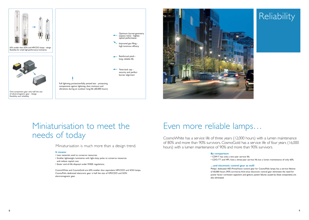 Philips Urban Lighting manual Reliability, Miniaturisation to meet the needs of today, Even more reliable lamps… 