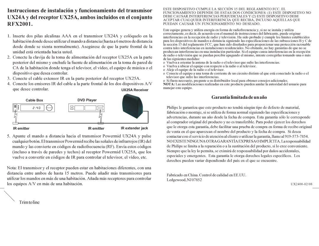 Philips RFX2001, UX24A, UX25A warranty Garantía limitada de un año 