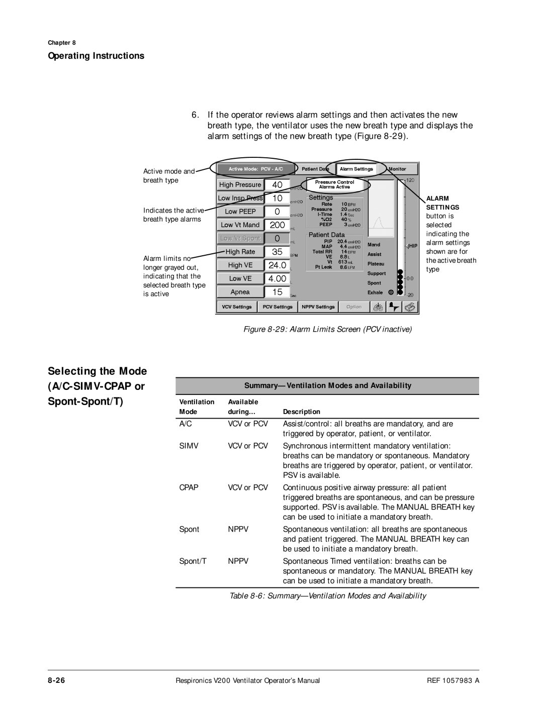 Philips V200 manual Selecting the Mode A/C-SIMV-CPAP or Spont-Spont/T, Summary-Ventilation Modes and Availability 