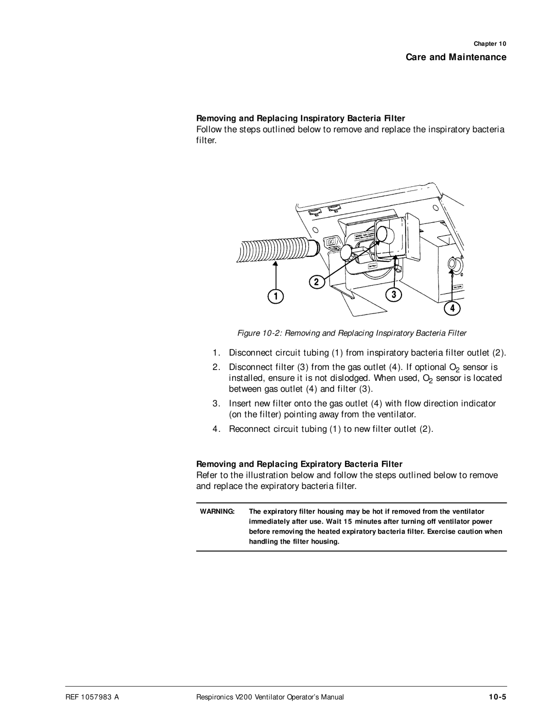 Philips V200 Removing and Replacing Inspiratory Bacteria Filter, Removing and Replacing Expiratory Bacteria Filter, 10-5 