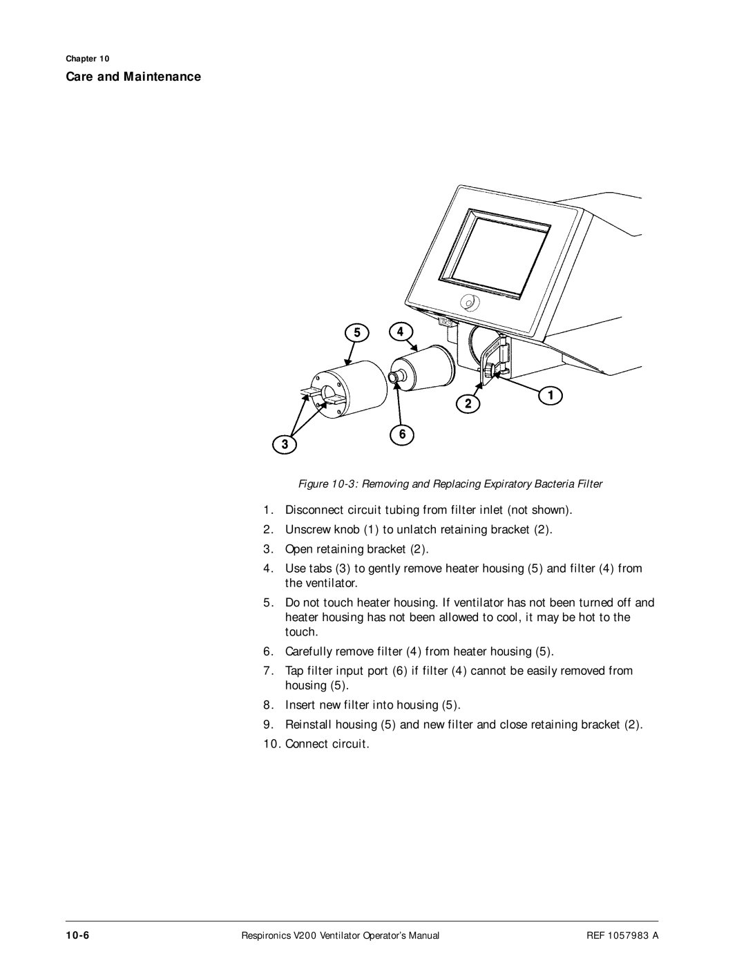 Philips V200 manual 10-6, Removing and Replacing Expiratory Bacteria Filter 