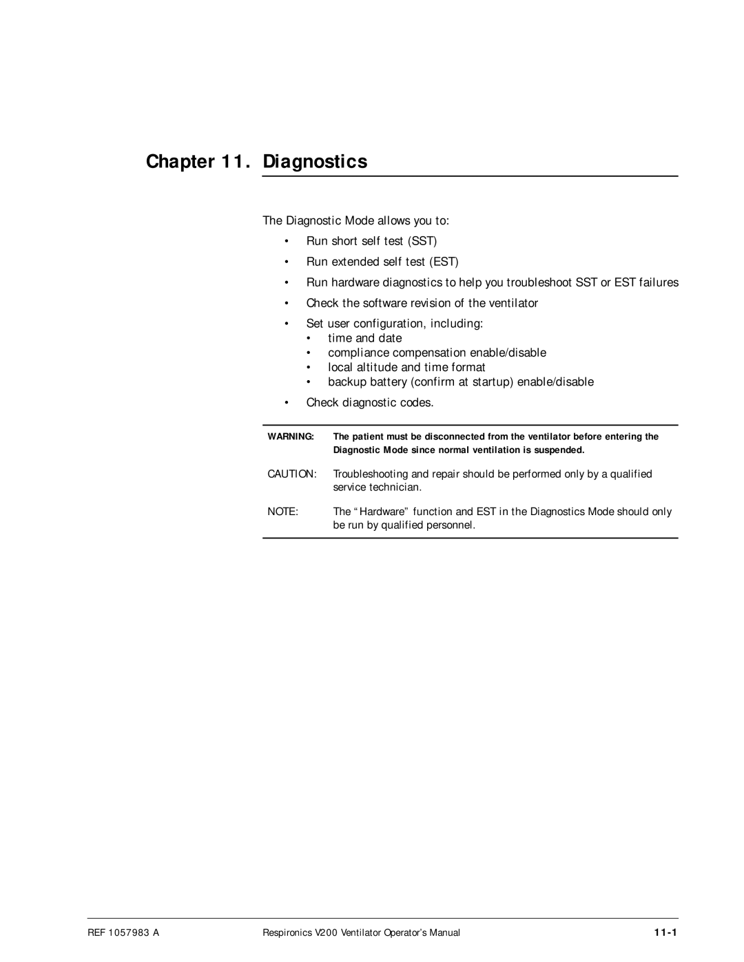 Philips V200 manual Diagnostics, 11-1, Diagnostic Mode since normal ventilation is suspended 