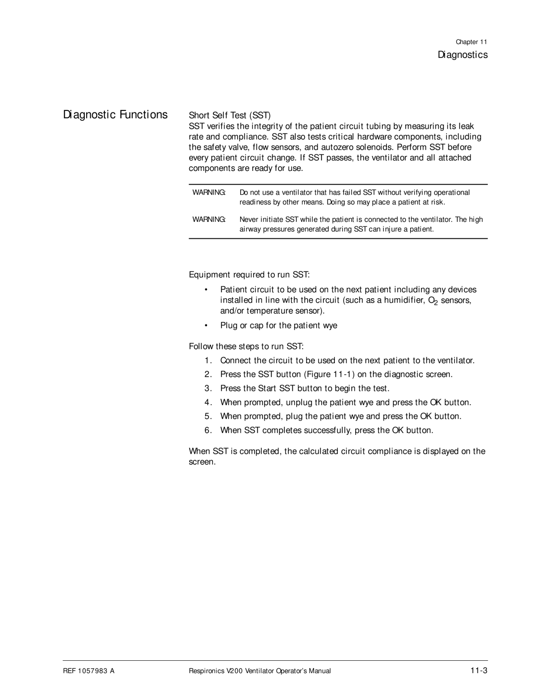 Philips V200 manual Short Self Test SST, 11-3, Airway pressures generated during SST can injure a patient 