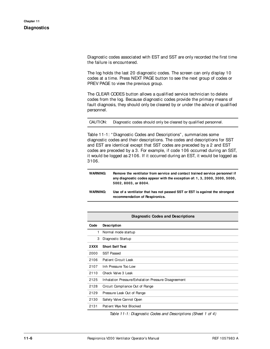 Philips V200 manual Diagnostic Codes and Descriptions, 11-6 