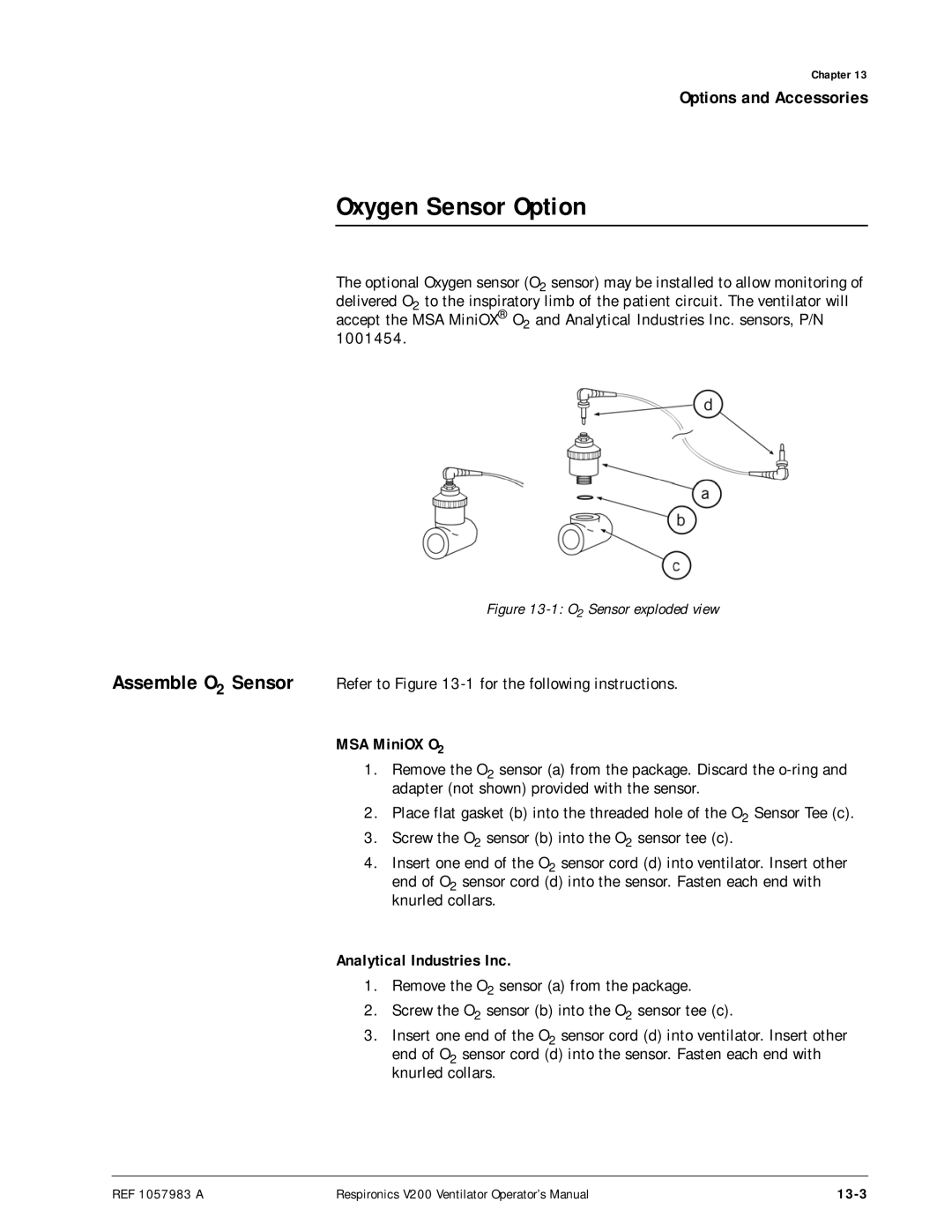 Philips V200 manual Oxygen Sensor Option, MSA MiniOX O2, Analytical Industries Inc, 13-3 