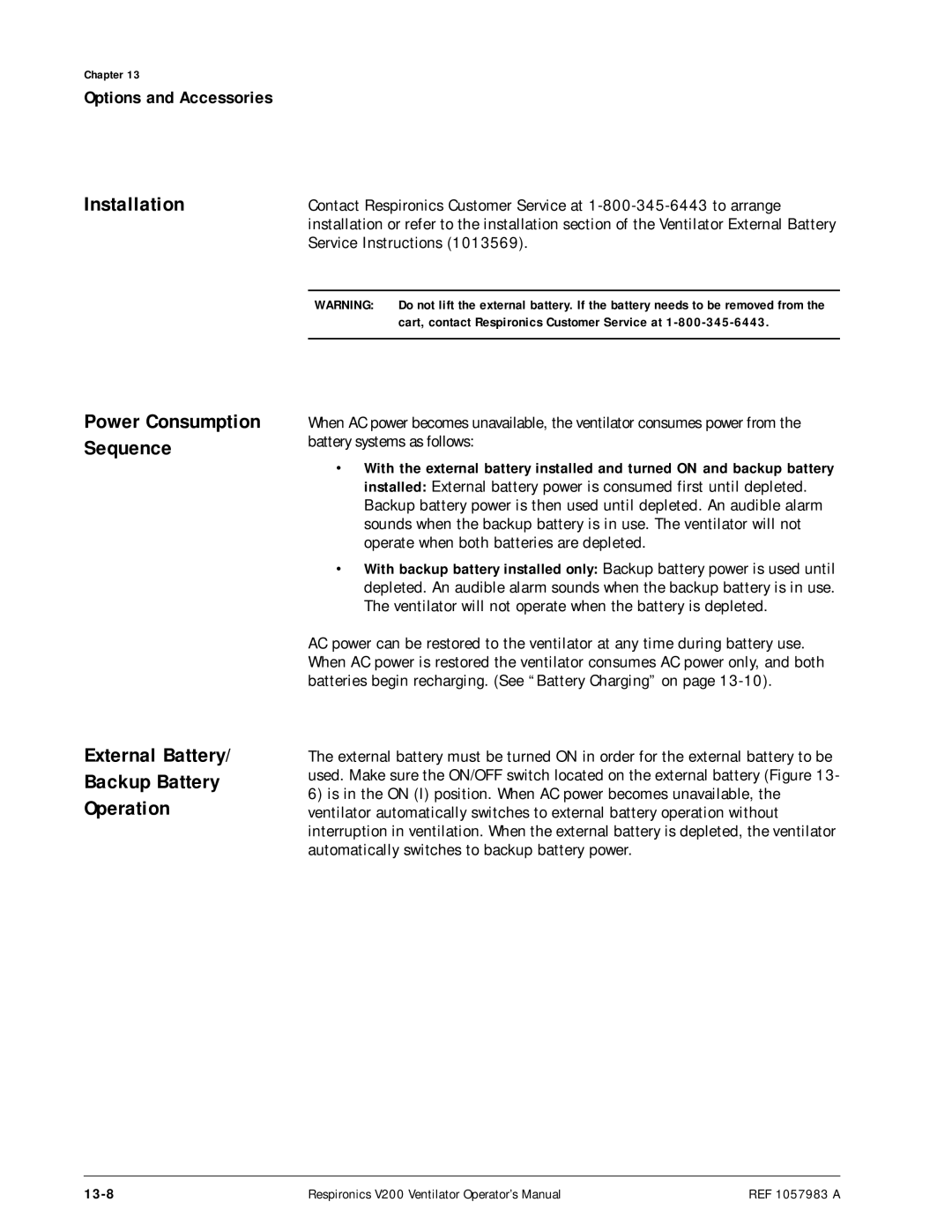 Philips V200 manual External Battery Backup Battery Operation, Power Consumption Sequence, 13-8 