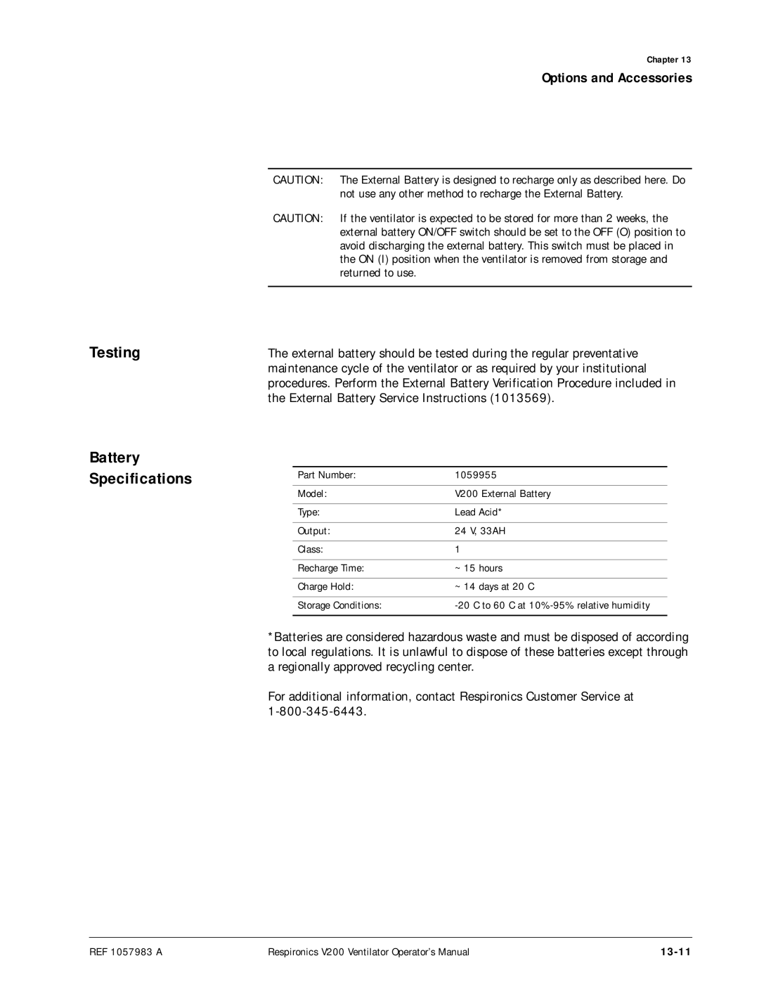 Philips V200 manual Testing, Battery Specifications, 13-11 