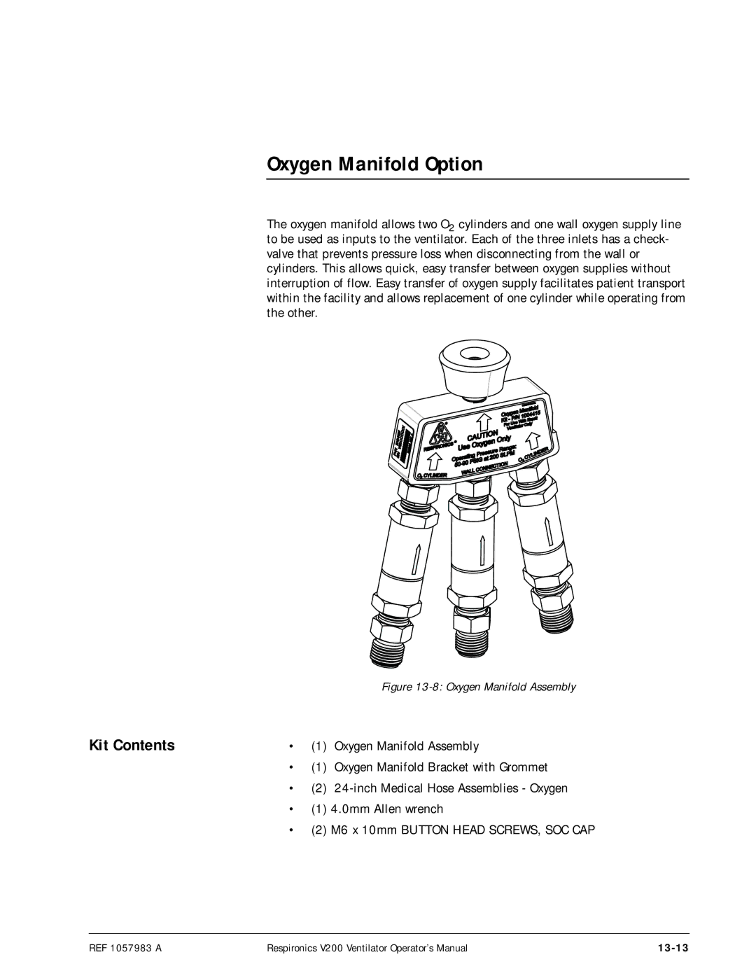 Philips V200 manual Oxygen Manifold Option, Kit Contents 