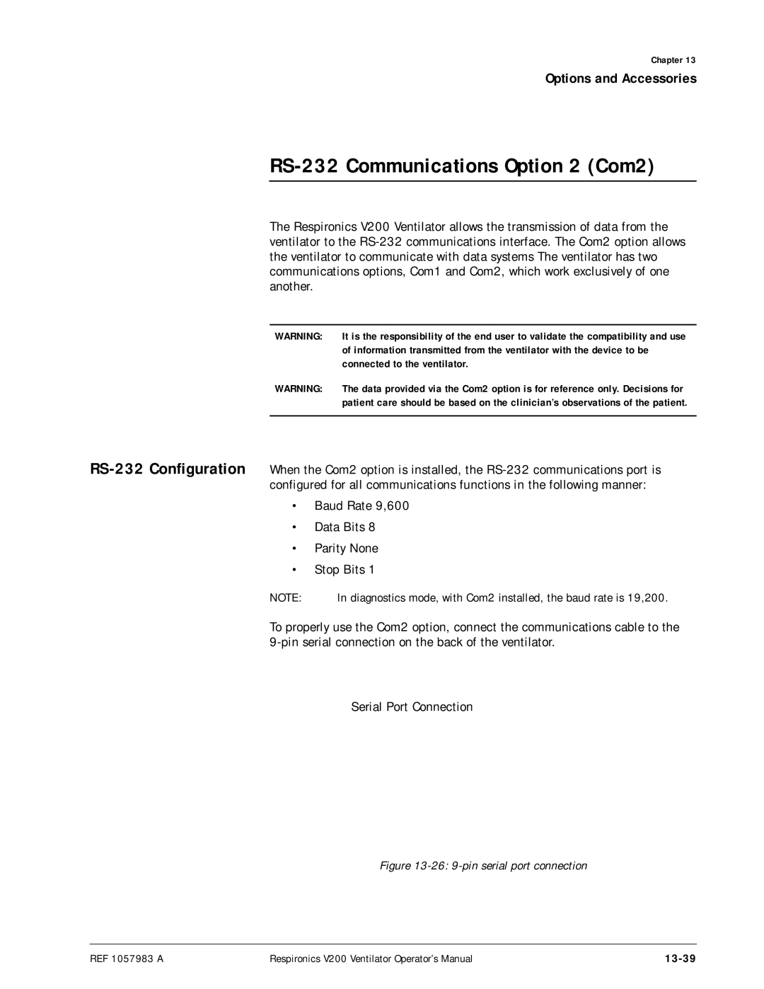 Philips V200 manual RS-232 Communications Option 2 Com2, 13-39, Connected to the ventilator 