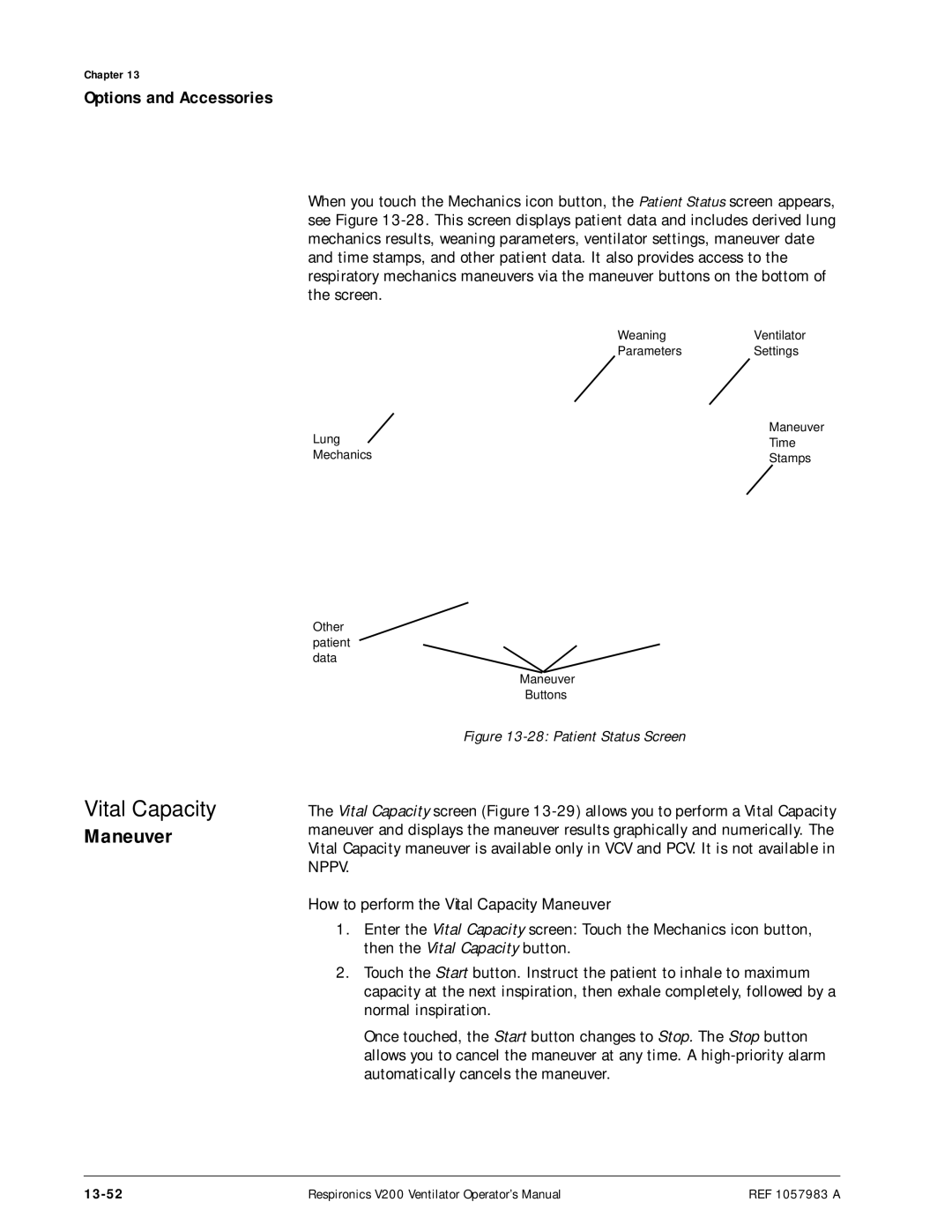 Philips V200 manual How to perform the Vital Capacity Maneuver, 13-52 