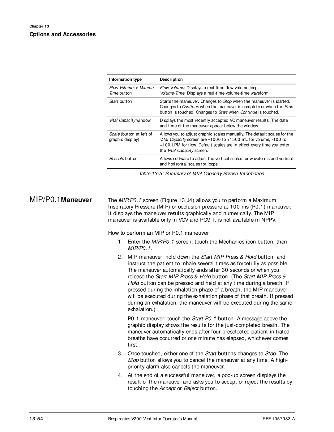 Philips V200 manual How to perform an MIP or P0.1 maneuver, 13-54 