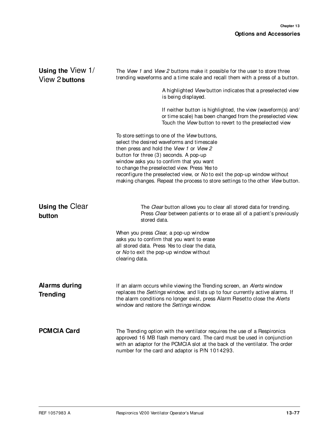 Philips V200 manual Using the Clear button, Pcmcia Card, Using the View 1/ View 2 buttons, Alarms during Trending, 13-77 