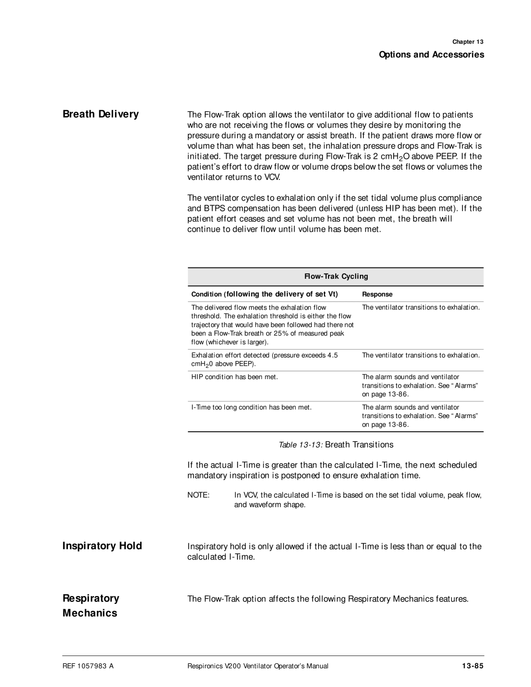 Philips V200 manual Breath Delivery, Inspiratory Hold Respiratory Mechanics, 13-85, Response 