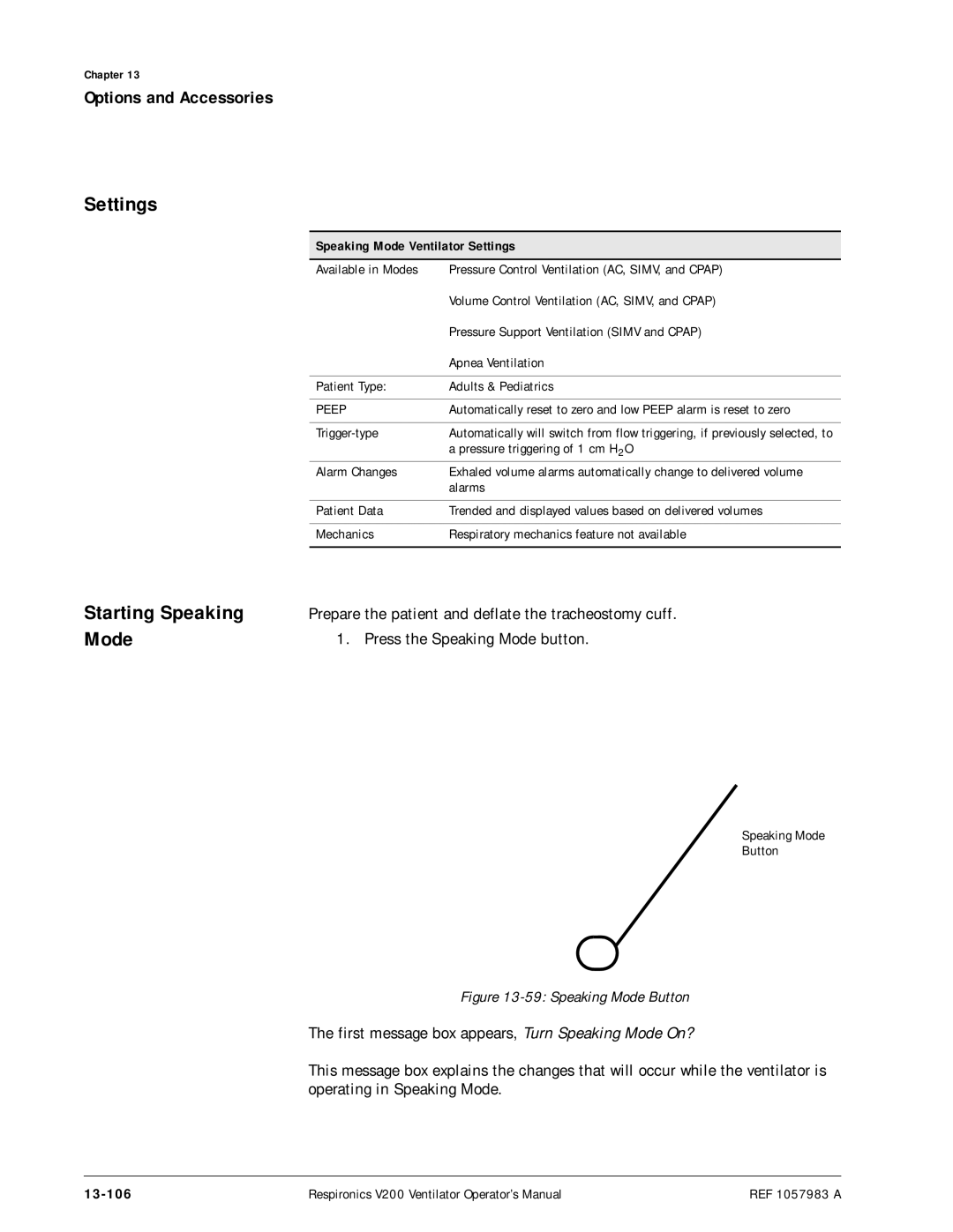 Philips V200 manual 13-106, Speaking Mode Ventilator Settings 