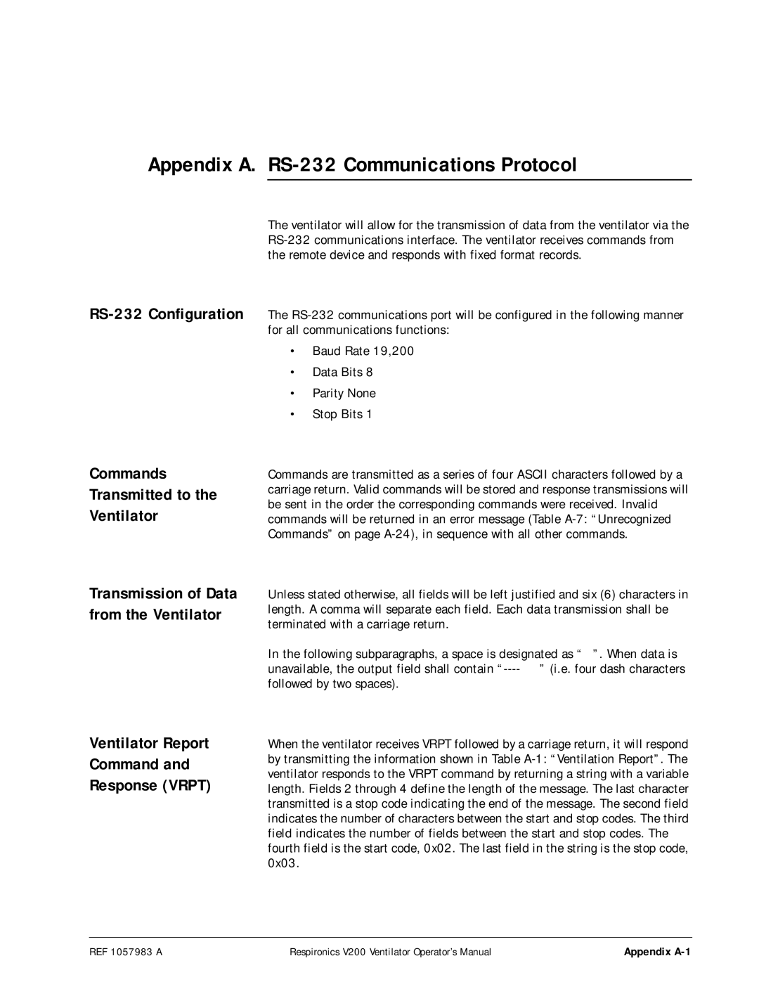 Philips V200 manual Appendix A. RS-232 Communications Protocol, Ventilator Report Command Response Vrpt 