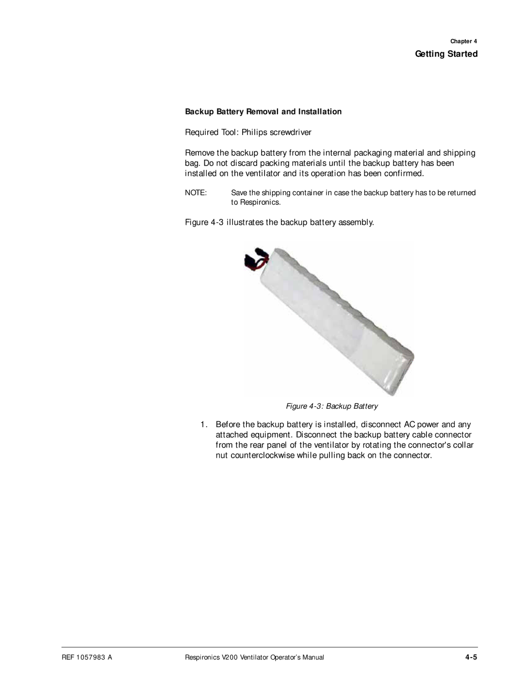 Philips V200 manual Backup Battery Removal and Installation, 3illustrates the backup battery assembly 