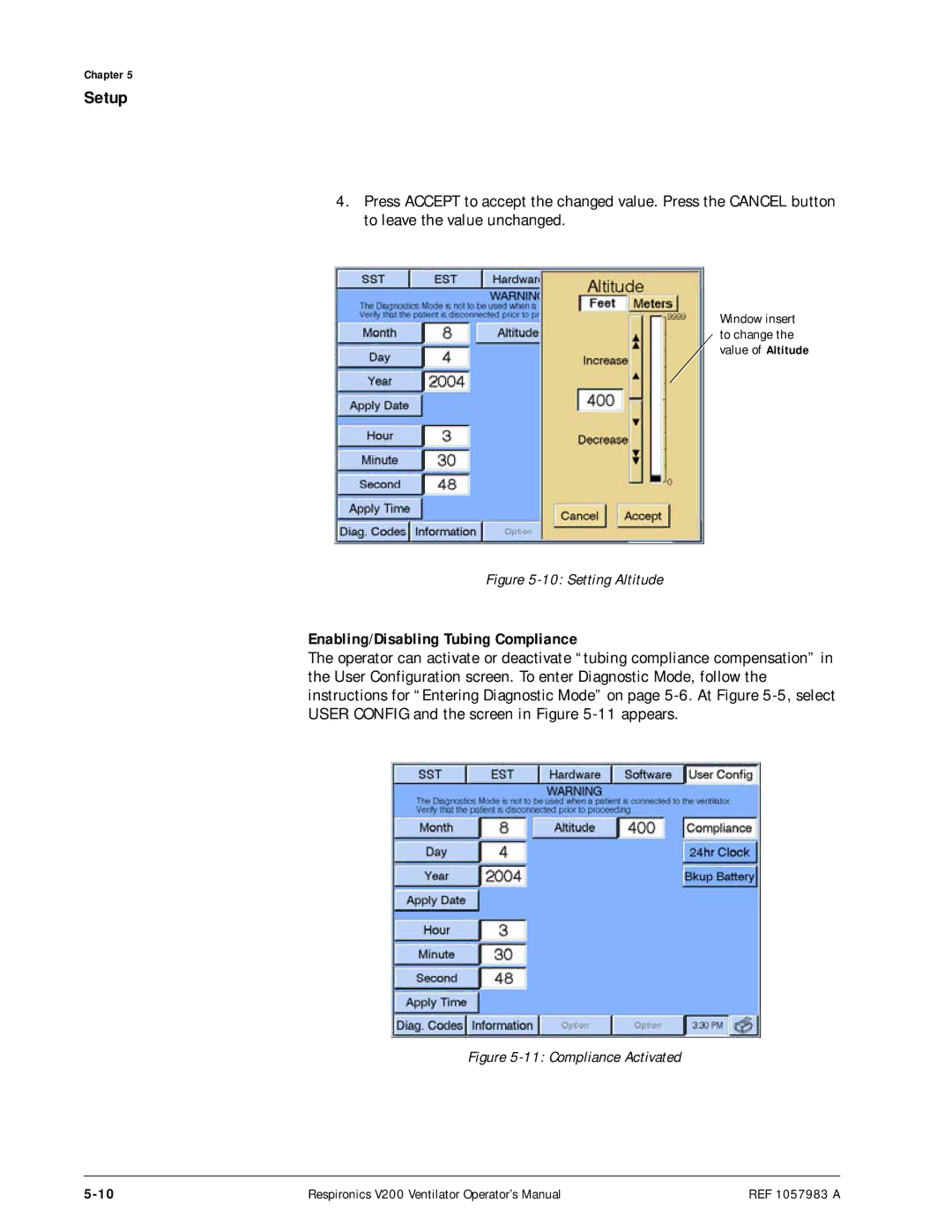 Philips V200 manual Enabling/Disabling Tubing Compliance, Setting Altitude 