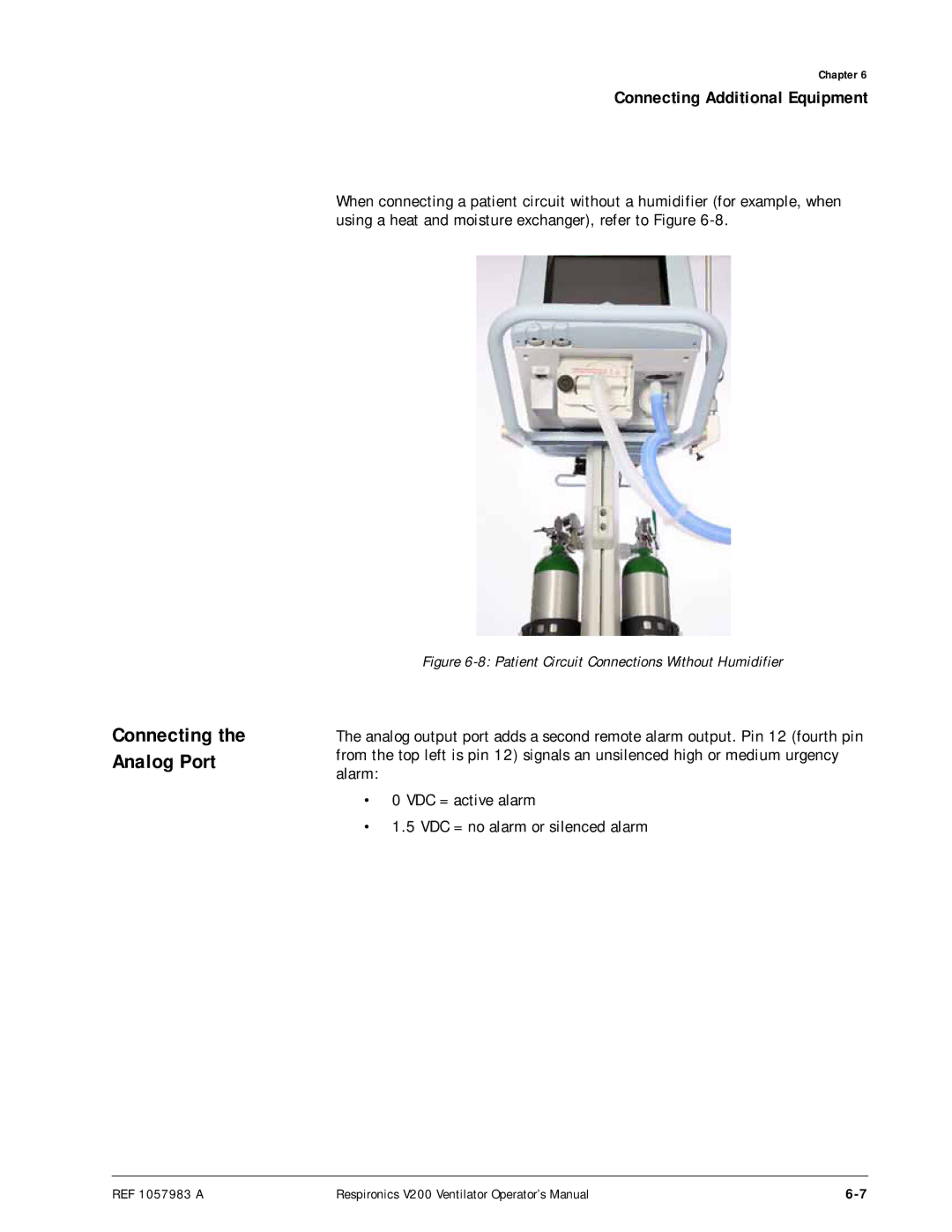 Philips V200 manual Connecting the Analog Port, Patient Circuit Connections Without Humidifier 