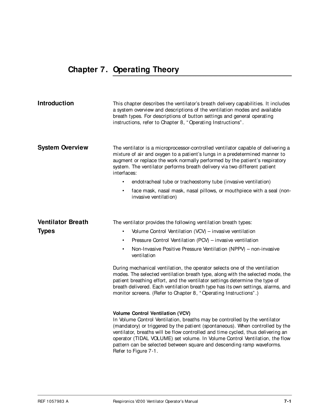 Philips V200 manual Operating Theory, Introduction System Overview Ventilator Breath Types, Volume Control Ventilation VCV 