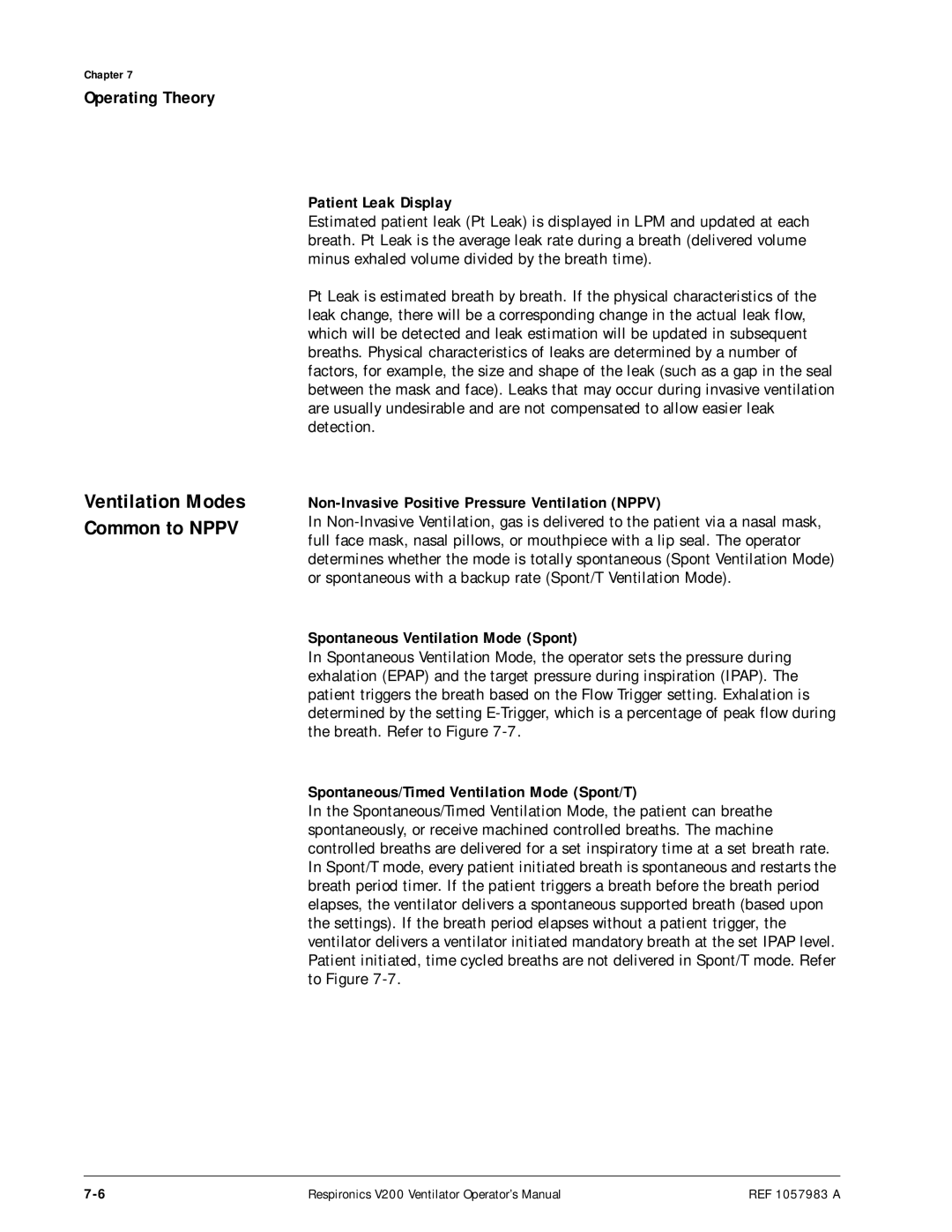 Philips V200 manual Ventilation Modes Common to Nppv, Patient Leak Display, Non-Invasive Positive Pressure Ventilation Nppv 